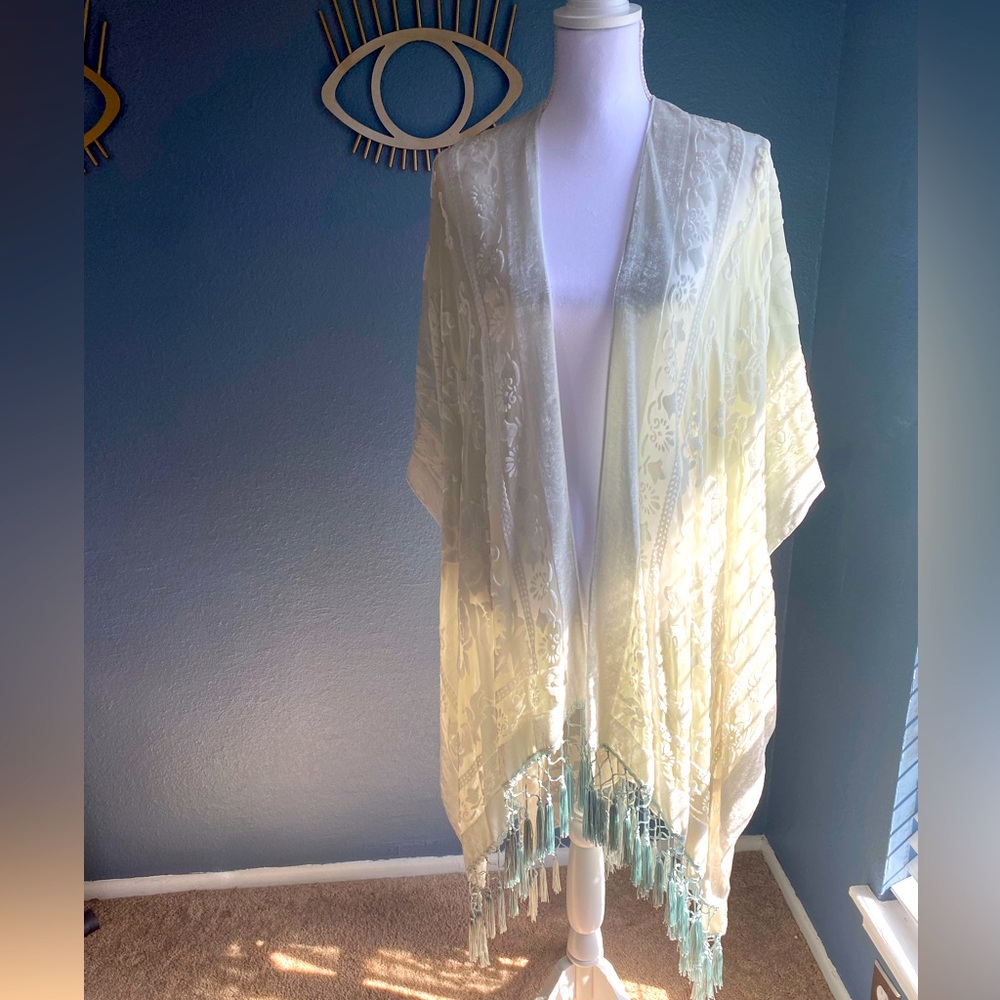 Sheer Fringe Kimono Cover-Up in Light Cream